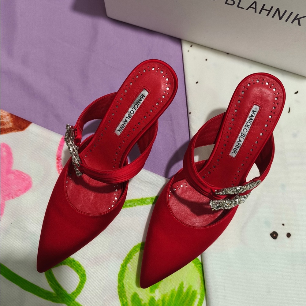 Manolo Blahnik Red Satin Pointed Mules with Crystal Buckle Detail